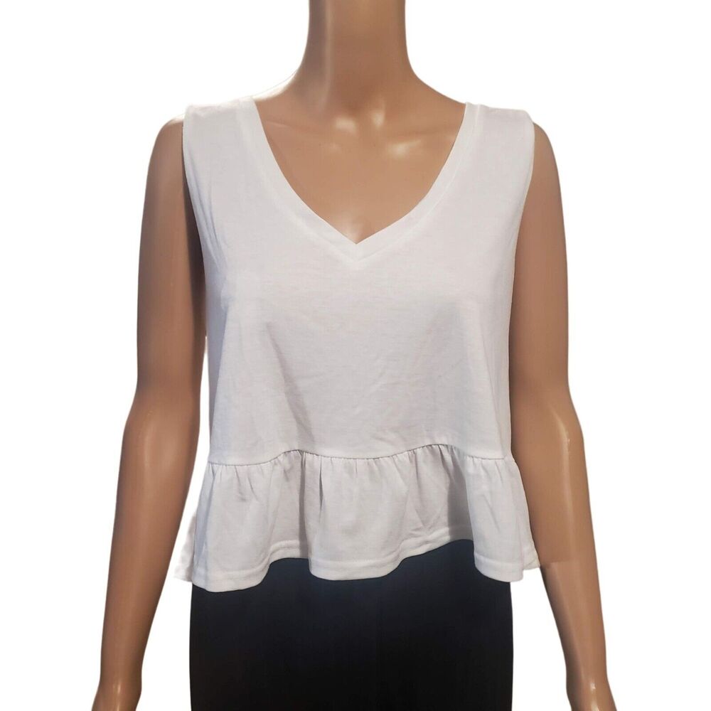 Lulus Kinsey White V-Neck Ruffle Hem Crop Tank Top Women’s M NWT